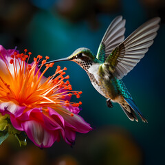 A close-up of a hummingbird feeding on a flower.