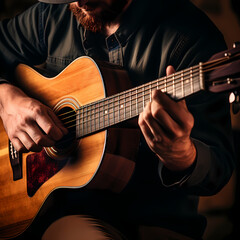 A close-up of a musician playing an acoustic guitar