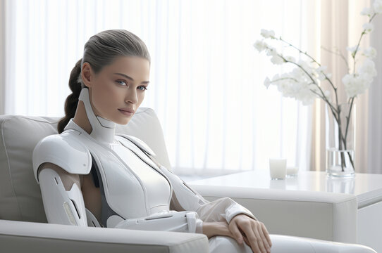 Female humanoid robot sitting in a bright room, comfortably relaxed in a stylish white chair
