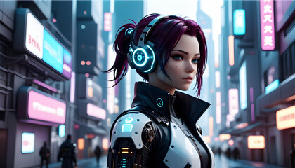 Cartoon-style 3D character in cyberpunk style, immersed in a futuristic cityscape