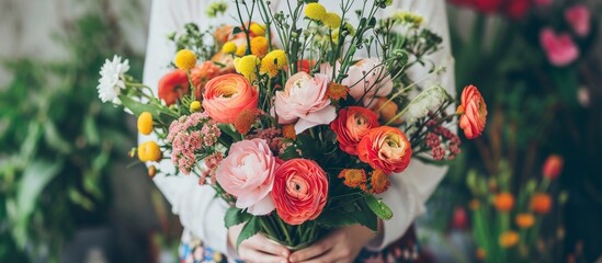 A woman gracefully holds a beautiful bouquet of flowers, showcasing her appreciation for the art of flower arranging.