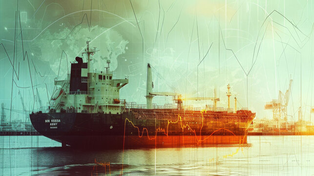 A series of fluctuating graphs overlaid with images of cargo vessels showcasing the complex relationship between grain market dynamics and shipping demand.