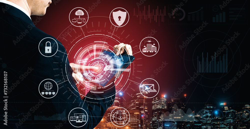 Poster cyber security and digital data protection concept. icon interface showing secure firewall technolog