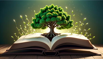 Miniature tree sprouting from an open book