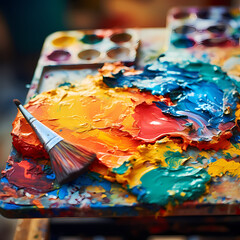 A close-up of a painters palette with mixed colors