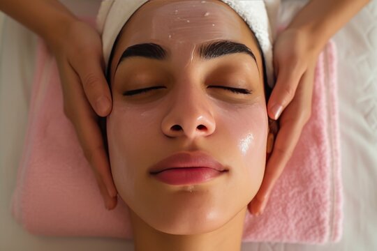 Skincare Model model training. Beautiful Woman uses face cream, youthful, skin care products, hygienic practices lip balm, lotion & eye patch. Natural photofacial jar parry romberg syndrome pot