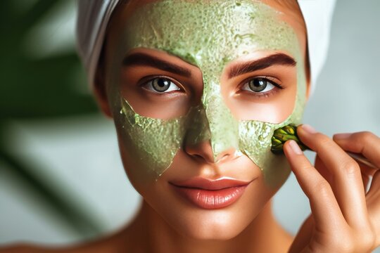 Skincare Model model diversity. Beautiful Woman uses face cream, decolletage skincare, skin care products, poikiloderma lip balm, lotion & eye patch. Natural hydrating lotion jar app mockup pot