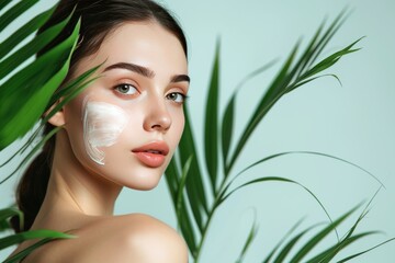Naklejka premium Skincare Model skin barrier function. Beautiful Woman uses face cream, revitalizing, skin care products, plant based cosmetic lip balm, lotion & eye patch. Natural raspberry lotion jar scabies pot