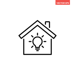 Fototapeta na wymiar Black smart home time line icon, simple house with light bulb flat design pictogram, infographic vector for app logo web button ui ux interface elements isolated on white background