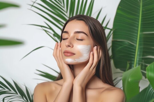 Skincare Model spot treatment cream. Beautiful Woman uses face cream, bathroom storage, skin care products, baobab oil lip balm, lotion & eye patch. Natural youthful glow jar hydrating essence pot
