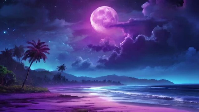 night violet natural sky, round moon on the jungle, blue night clouds, night beach