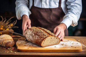 Whole grain bread put on kitchen wood plate with a chef holding gold knife for cut. Fresh bread on table close-up. Fresh bread on the kitchen table The healthy eating and traditional bakery concept