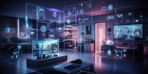 glowing, modern smart room with decent glowing LED lights, smart home interior Smart Home Security and Automation