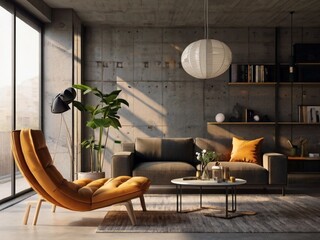 Modern interior design of a living room in an apartment, house, office, bright modern interior details and sun rays from the window against the background of concrete walls.
 - obrazy, fototapety, plakaty