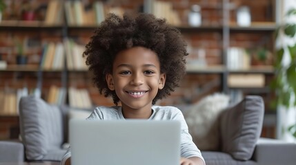 A black little kid doing online class in laptop with empty space, Generative AI.