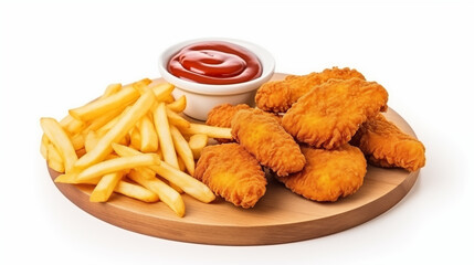 Classic American Fast Food Lunch. Fried Chicken Tenders or Chicken Nuggets with French Fries Ketchup on a White Background