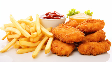 Naklejka premium Classic American Fast Food Lunch. Fried Chicken Tenders or Chicken Nuggets with French Fries Ketchup Mayonnaise on a White Background