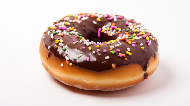 Closeup image of a Chocolate Frosting Donut with Rainbow Sprinkles