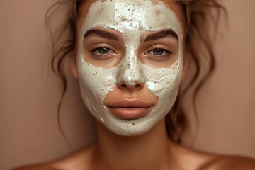 Fototapeta premium Skincare Model skin soothing. Well groomed woman uses face cream, retinol for sun damage, wrinkle reducing eye pad lip balm, lotion & eye patch. Skin care aromatherapy jar hypoallergenic skincare pot