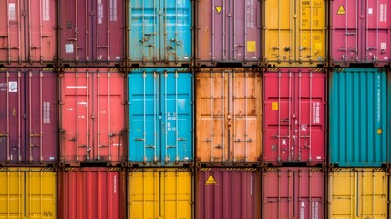A closeup of a large stack of shipping containers labelled with their individual carbon footprint scores showing the companys commitment to sustainable transportation practices.