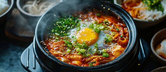 A delicious dish featuring a fried egg served in a bowl with various ingredients, cooked using a...