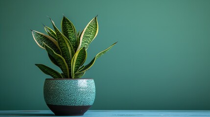 A snake plant with a decorative pot against a clean blue backdrop, Generative AI.