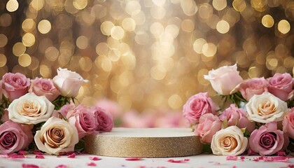Round podium for product display with beautiful roses on bokeh background