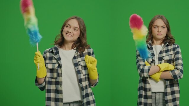 2-in-1 Split Green Screen Montage.A Portrait of Young Woman in Yellow Gloves, Dancing With a Dustpan, Unsatisfied with a Dustpan.A Female Housewife is Preparing to Clean. Decluttering Hacks.