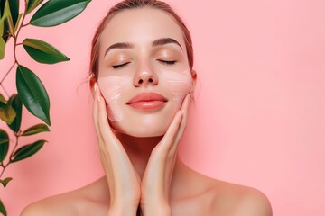 Skincare Model post surgery recovery cream. Well groomed woman face cream, spot treatment, vitamin c facial serum lip balm, lotion & eye patch. Skin care anti aging hyaluronic acid jar veillonella pot