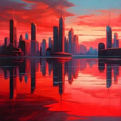 Fototapeten In a vividly surreal composition, a utopian cityscape of tall, luminescent buildings gleams against a blood-red sky, mirroring in a still, crystalline lake. Generative AI © Borys
