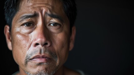A man of Asian descent with tears in his eyes and a pained expression as he experiences withdrawal from opioids.