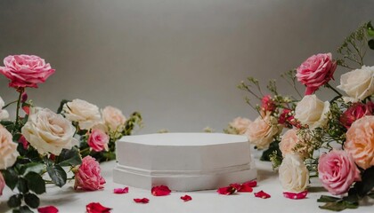 Mockup for product presentation with round podium surrounded by beautiful roses