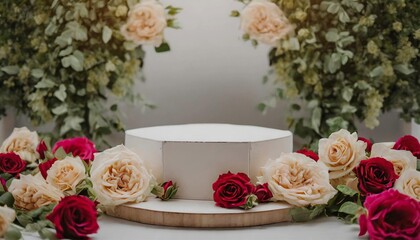 Mockup for product presentation with round podium surrounded by beautiful roses
