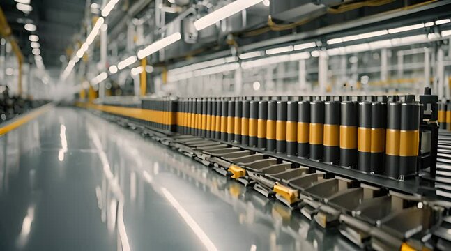 A close-up view of the assembly line for mass production of electric vehicle battery cells
