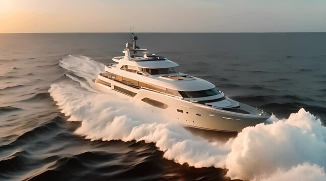 A luxurious motor yacht is gracefully sailing across the ocean, bathed in the warm glow of a stunning sunrise