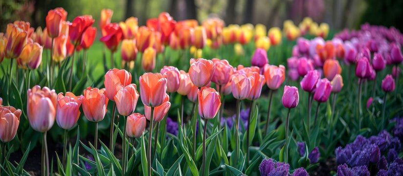 A variety of colorful flowers, such as Tulipa tarda, bloom in the garden, creating a vibrant natural landscape with flowering plants, grass, and groundcover.