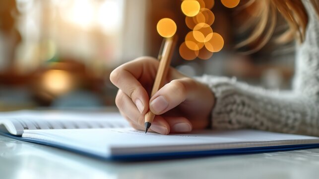 A woman hand writing in a white notebook wearing sweater with a big empty space, Generative AI.