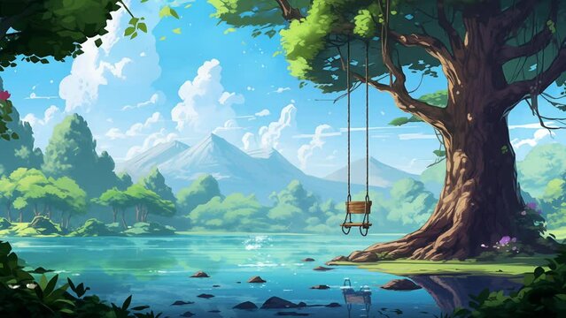 Animated illustration of a wooden swing in the forest with a natural lake as a background. Animated scenery background illustration.