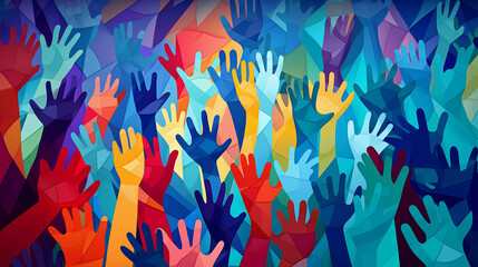 Vibrant crowd waving in Escher-inspired style, with abstract shapes and colorful comic strips.