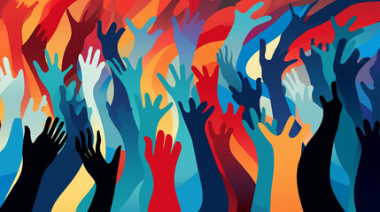 Vibrant crowd waving in Escher-inspired style, with abstract shapes and colorful comic strips.