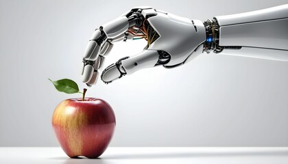 artificial intelligence robotic hand holding an apple