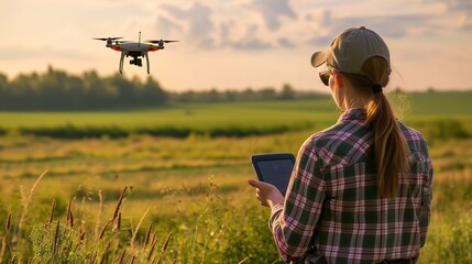 A woman with a drone in a field signifies innovation and robust farms technology with space, Generative AI.
