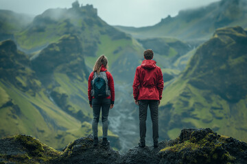 Obraz premium Highland Companionship: Explorers Gazing Over Misty Mountains