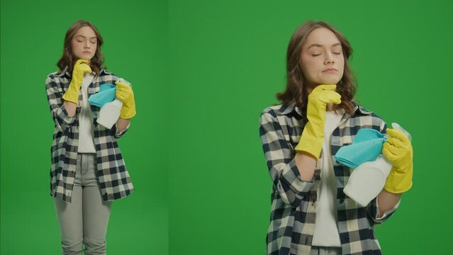 2-in-1 Split Green Screen Montage. A Thoughtful Young Woman in Yellow Gloves,Holding a Cleaning Spray Bottle and Rag.A Female Housewife Thinks Where to Start Cleaning. Hygiene and Safety Protocols.