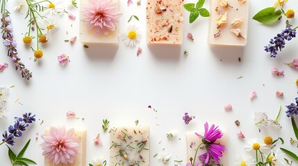 Artisanal natural soap adorned with flowers and greenery in a clean white surface, Generative AI.