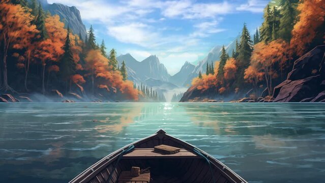 Animated illustration of a small lake in the middle of the forest with a wooden lifeboat. Forest views with natural lakes. Animated scenery background illustration.