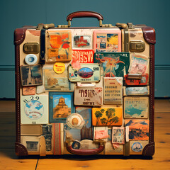 A vintage suitcase with travel stickers.