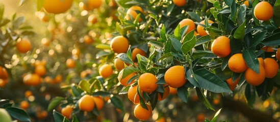 The tree is adorned with a variety of citrus fruits including Valencia oranges, Tangerines, Clementines, and more. - obrazy, fototapety, plakaty