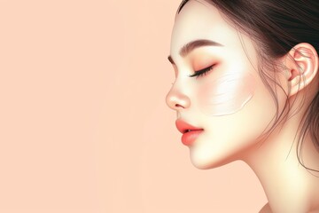 Face Mask Model design creator. Well groomed woman uses cooling mask, collection lip balm, lotion & eye patch. Face cream chlorophyll plant jar perfume pot - obrazy, fototapety, plakaty