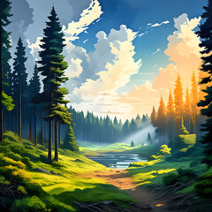 Beautiful anime-style landscape painting of beams of sunlight illuminating a lake in a pine forest beneath a cloudy blue midday summer sky